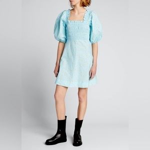 GANNI Smocked Corydalis Blue Printed Poplin Mini Dress New With Tags